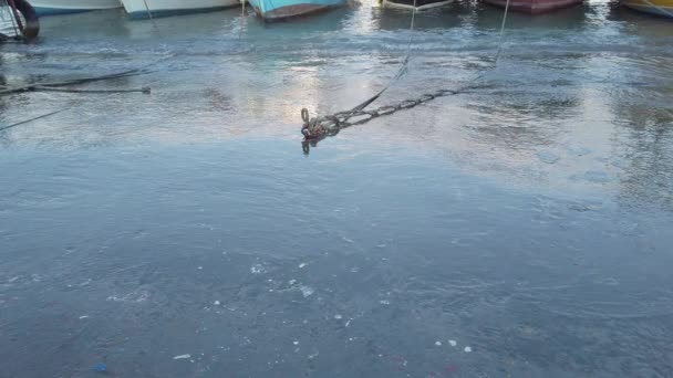 Corde, barche ormeggiate. archi di barche da pesca, molo marittimo. Riflessioni sulla superficie bagnata — Video Stock