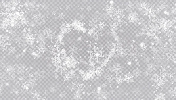 Flocons de neige en forme de coeur dans un style plat en lignes de dessin continues. Trace de poussière blanche. Fond abstrait magique isolé sur fond transparent. Miracle et magie. Illustration vectorielle plate — Image vectorielle