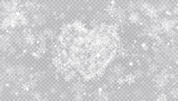 Flocons de neige en forme de coeur dans un style plat en lignes de dessin continues. Trace de poussière blanche. Fond abstrait magique isolé sur fond transparent. Miracle et magie. Illustration vectorielle plate — Image vectorielle