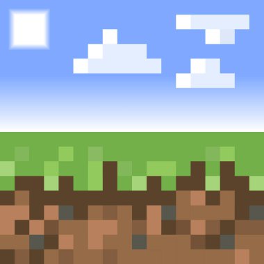 Piksel minecraft tarzı arazi. Oyun alanı konsepti mavi gökyüzü, güneş, bulut ile piksellenmiş yatay arka plan. Vektör illüstrasyonu