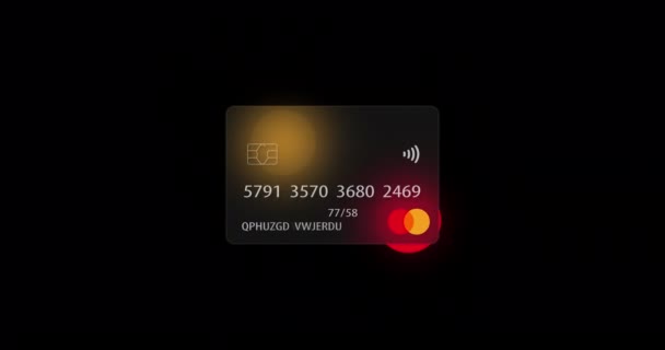 Cartão de crédito Mastercard neutro sobre fundo preto transparente renderizado com o efeito de glassmorphism. Conceito de compras na Internet, pagamentos móveis, transações financeiras. Looping animação realista — Vídeo de Stock