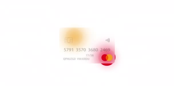 Нейтральная кредитная карта Mastercard на красочном фоне с эффектом стекломорфизма. Концепция интернет-покупок, мобильные платежи, финансовые операции. log video. — стоковое видео