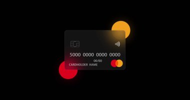 Nötr Mastercard kredi kartı, cam morfizm etkisindeki siyah şeffaf arka planda. İnternet alışveriş kavramı, mobil ödemeler, mali işlemler.