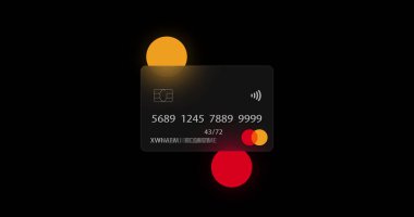 Nötr Mastercard kredi kartı, cam morfizm etkisindeki siyah şeffaf arka planda. İnternet alışveriş kavramı, mobil ödemeler, mali işlemler.