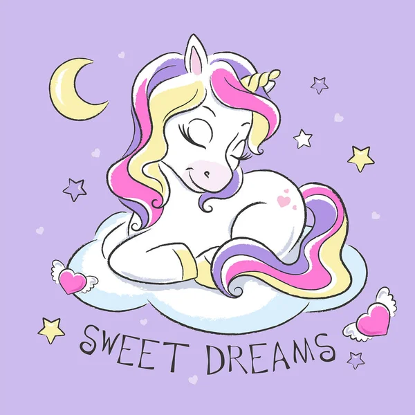Unicorno Bambino Che Dorme Una Nuvola Sogni Oro Stampa Illustrazione — Vettoriale Stock