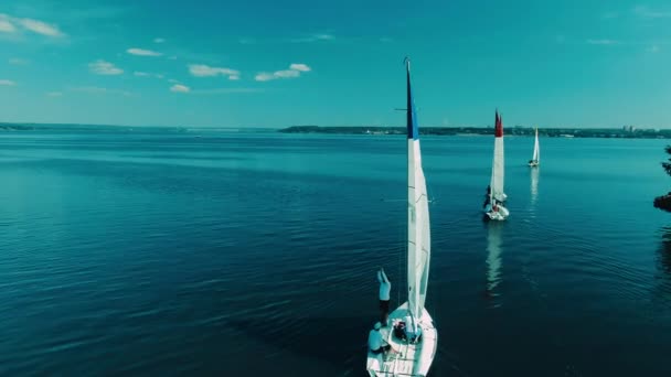 从高处看帆船比赛.晴朗的天空，碧绿的海岸. — 图库视频影像