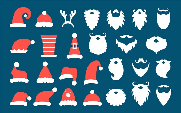 Navidad Año nuevoSombreros de Papá Noel gorras barbas conjunto — Archivo Imágenes Vectoriales