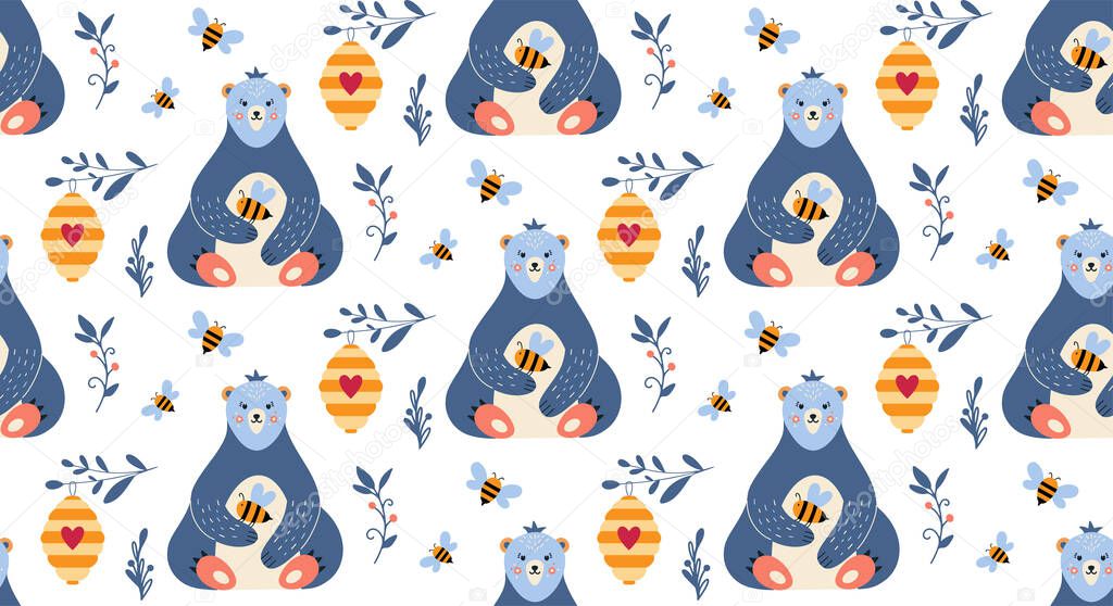 Seamless pattern with bear honey and bee