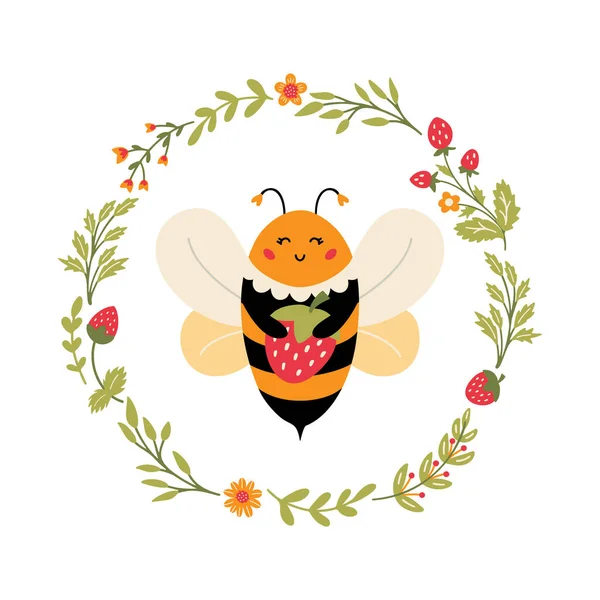 Flying Bee in floral wreath Cute cartoon bumblebee — Wektor stockowy