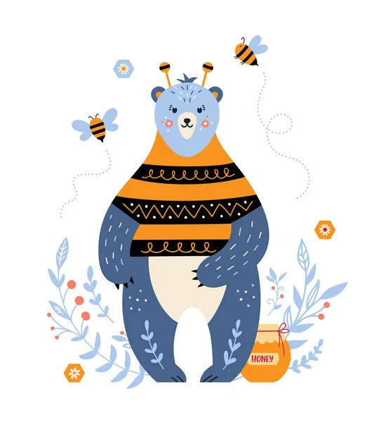 Kreslený vektorový medvěd s medem a včelami — Stockový vektor