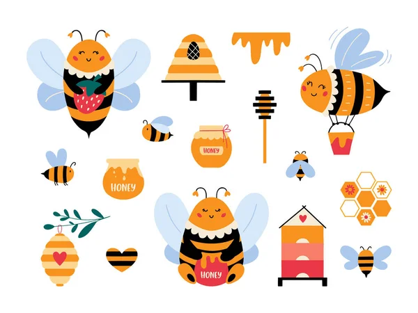 Mignon jeu de vecteur de bourdon dessin animé abeille miel — Image vectorielle