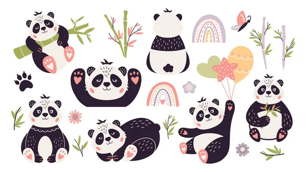 Leuke Panda vector set Baby beer bamboe — Stockvector