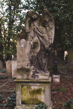 Prag, Çek Cumhuriyeti - 8 Mart 2021 Prag 'daki eski Olsany mezarlığı, güzel taş mezar taşları ve heykeller