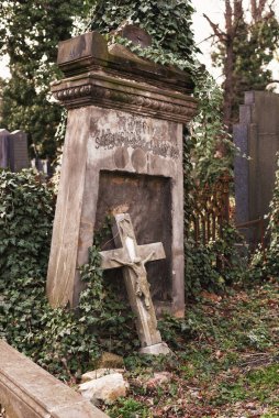 Prag, Çek Cumhuriyeti - 8 Mart 2021 Prag 'daki eski Olsany mezarlığı, güzel taş mezar taşları ve heykeller