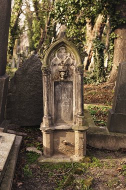 Prag, Çek Cumhuriyeti - 8 Mart 2021 Prag 'daki eski Olsany mezarlığı, güzel taş mezar taşları ve heykeller