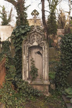 Prag, Çek Cumhuriyeti - 8 Mart 2021 Prag 'daki eski Olsany mezarlığı, güzel taş mezar taşları ve heykeller