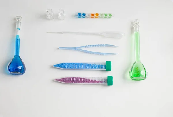 Set School Supplies Biology Chemistry Lesson Light Background Glass Flasks — Stock Photo, Image