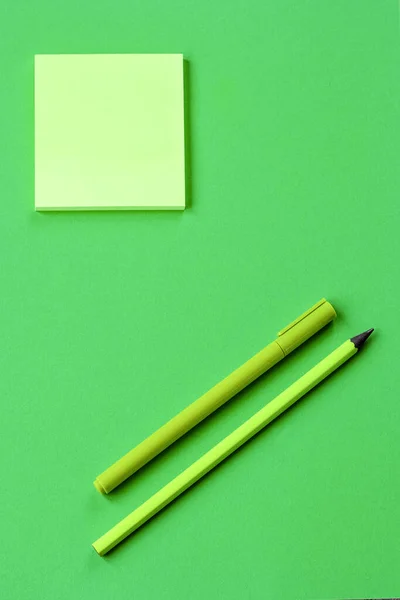 Minimum Set School Office Supplies Bright Green Background Pen Pencils — Stock Photo, Image