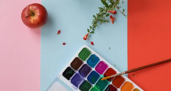 Aquarellfarben Pinsel Und Granatapfelblüten Auf Rotem Und Hellblauem Hintergrund Zurück — Stockfoto