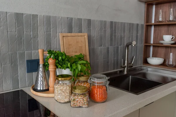 stock image Organization space the kitchen. On the table cereals in glass jars. Zero waste concept.