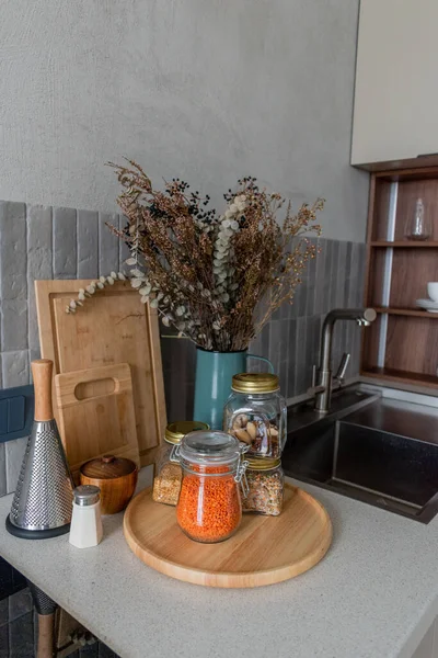 Organization space the kitchen at home. Zero waste concept. Conscious consumption. No packaging. No plastic
