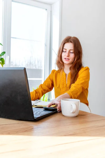 Genç Bir Kadın Internette Bilgisayar Kullanarak Ngilizce Öğretiyor Serbest Çalışan — Stok fotoğraf