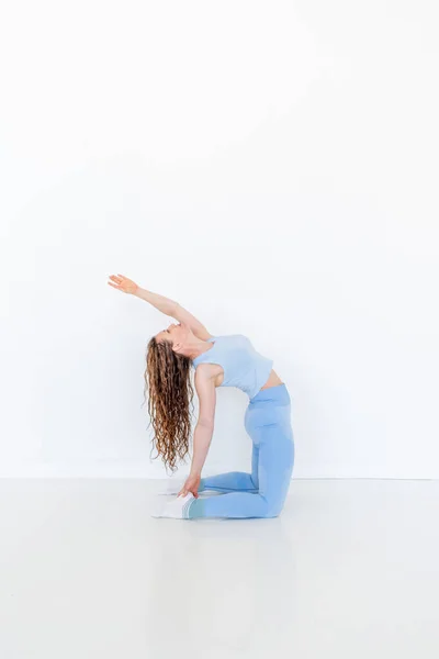 Young Diverse Woman Doing Yoga While Sitting Floor Stretches One — Stock Photo, Image