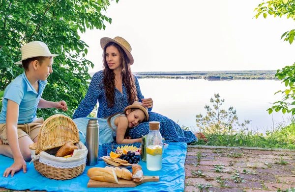 家庭户外野餐 妈妈和孩子们正在大自然中吃午饭 健康的概念 为人民提供健康食品 — 图库照片