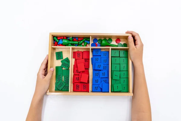 Top View Girl Hands Studying Number Montessori School Concept Using — Stock Photo, Image