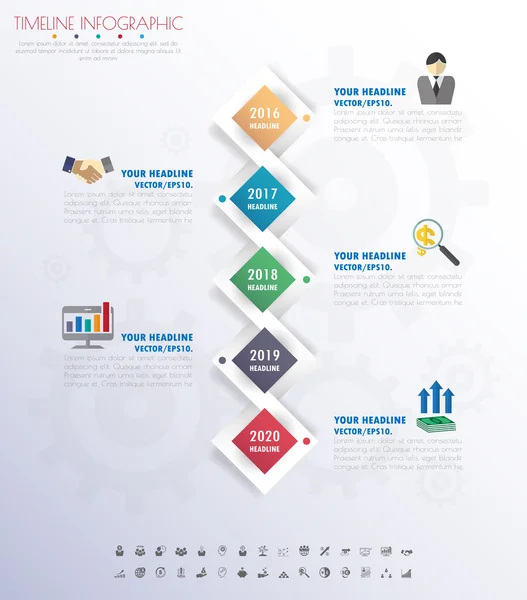 Timeline-Infografiken mit eingestellten Symbolen. — Stockvektor