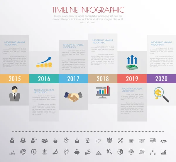 Timeline-Infografiken mit eingestellten Symbolen — Stockvektor