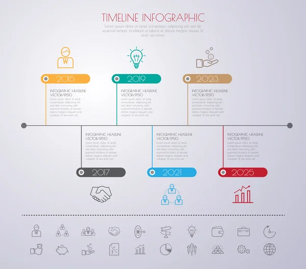 Timeline-Infografiken mit eingestellten Symbolen — Stockvektor