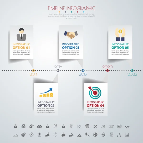 Timeline-Infografiken mit eingestellten Symbolen — Stockvektor