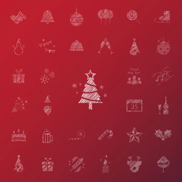 Navidad y celebración Icono conjunto en fondo borroso rojo. Vector — Archivo Imágenes Vectoriales