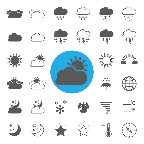 Símbolo meteorológico e símbolo conjunto de ícones vetoriais — Vetor de Stock