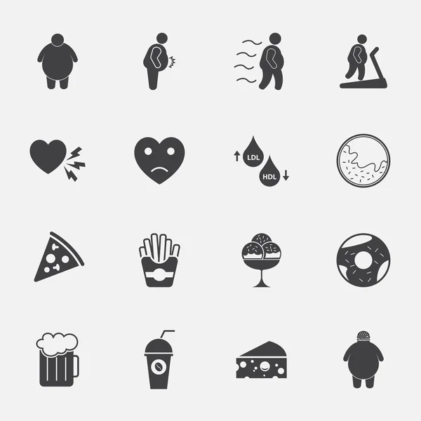 Grasso uomo e cibo spazzatura segno e simbolo vettore icone impostato — Vettoriale Stock