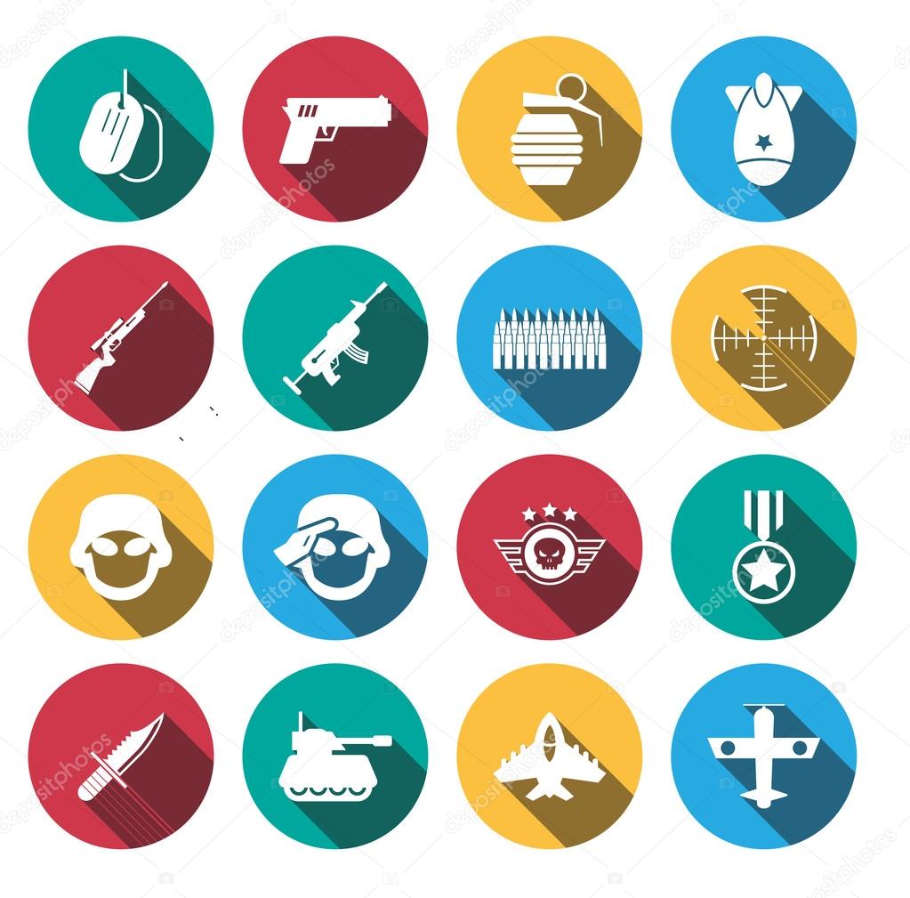 Flat long shadow war icon set.