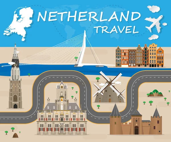 Hollanda Landmark Küresel Seyahat Ve Yolculuk Infographic Vektör — Stok Vektör