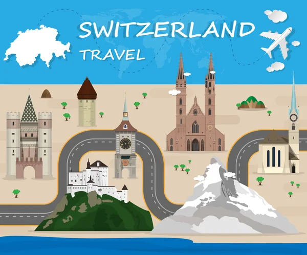 İsviçre Simgesel Yapı küresel seyahat ve yolculuk Infographic Vecto — Stok Vektör