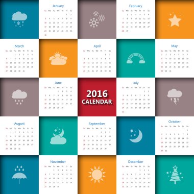 2016 takvimi şablonunu hava simgesi olan. Vektör/illüstrasyon.