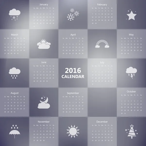 2016 szablon kalendarza z ikony pogody. Ilustracja wektorowa /. — Wektor stockowy