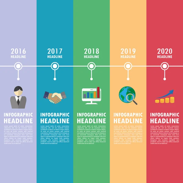 Timeline-Infografiken mit eingestellten Symbolen. — Stockvektor