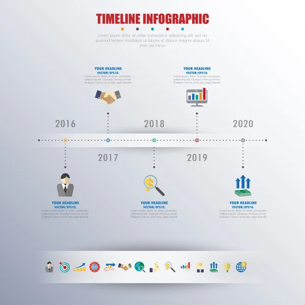 Timeline-Infografiken mit eingestellten Symbolen. Vektor. Illustration. — Stockvektor