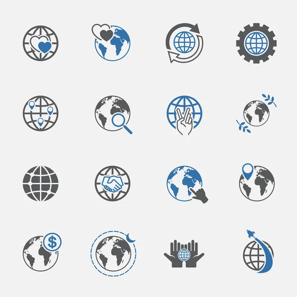 Set di icone di segni globali e mondiali a due toni. illustrazione vettoriale . — Vettoriale Stock