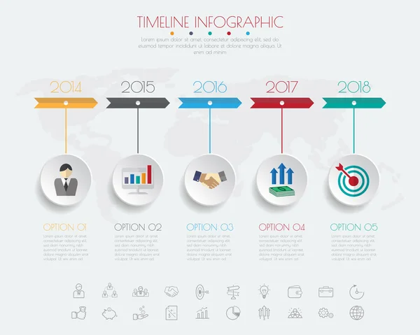 Timeline-Infografiken mit eingestellten Symbolen. — Stockvektor