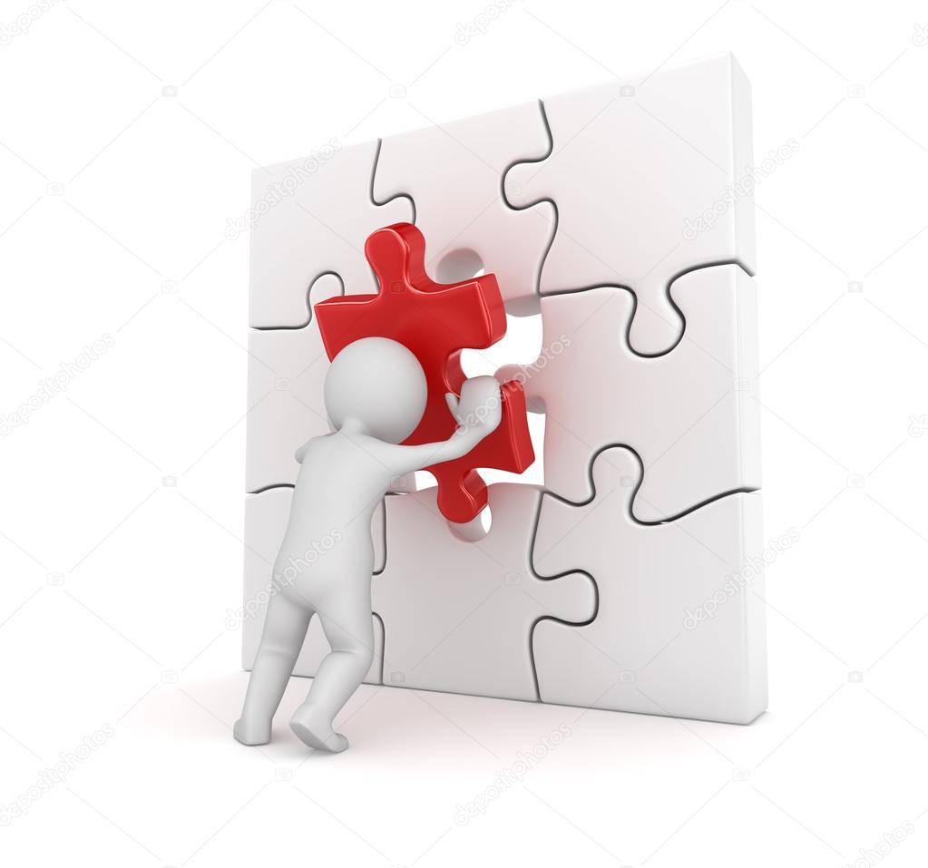 3d white man putting red puzzle piece