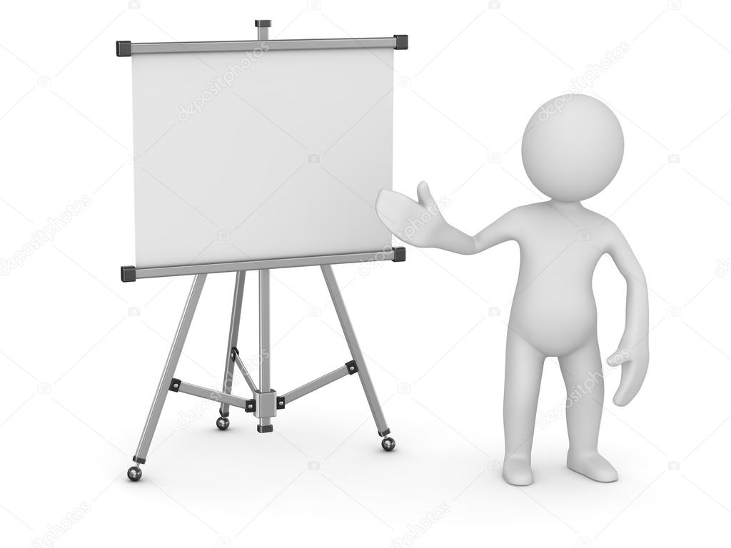 White man pointing empty whiteboard