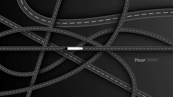Vektör illüstrasyonunda yol ve otoyol kavşağı, kavşaklar ve üstgeçitlerin üst görüntüsü.