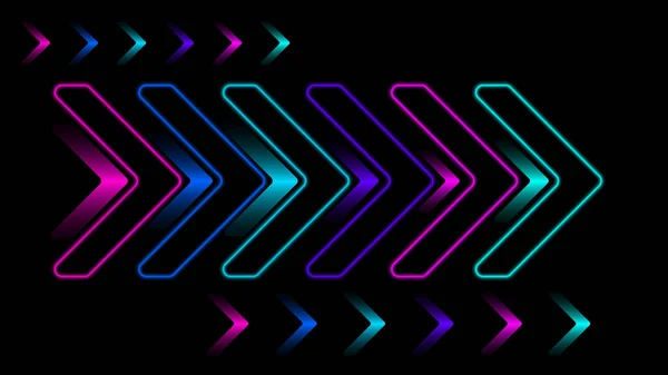 Siyah arkaplan vektörü illüstrasyonunda soyut renkli neon ışıklı oklar yönü.