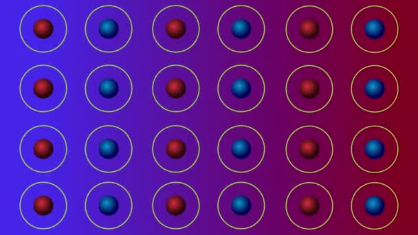 Esferas rojas y azules en círculos blancos sobre fondo de color en vídeo 4k. — Vídeos de Stock